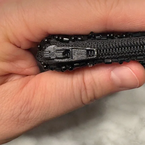 MOYNA “WTF” Black and White Beaded Zipper Pouch 5x3” - Picture 10 of 13